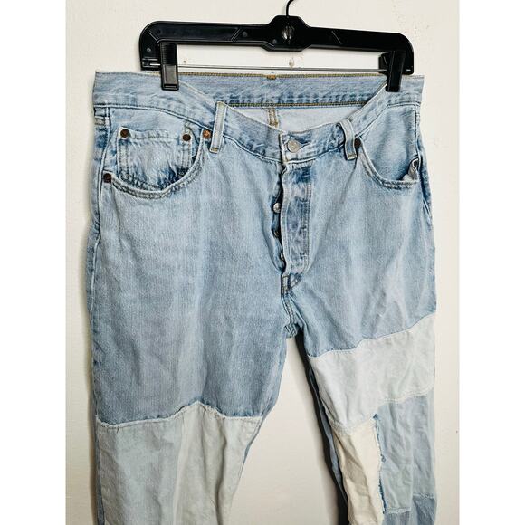 Levi's 501 Blue 100% Cotton Denim Patchwork Freehand Folk Jeans Size W 32 L 30 - Picture 5 of 16